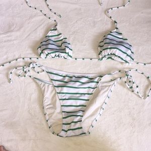 Green and white striped string bikini